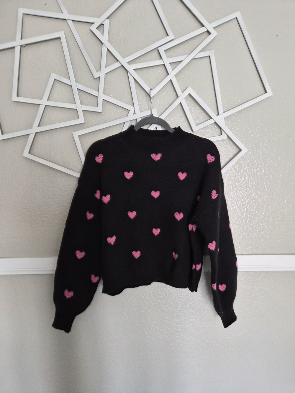 Black Sweater with Pink Heart Pattern - Cowl & Turtleneck Style